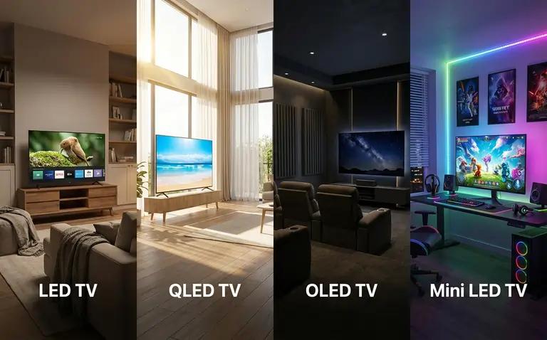 مقایسه محیطی انواع تلویزیونهای LED, QLED, OLED و Mini LED