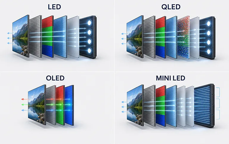 تفاوت ساختار پنل LED و QLED و OLED و Mini LED