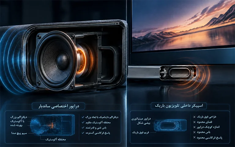 اندازه درایور اسپیکر در تلویزیون باریک و ساندبار